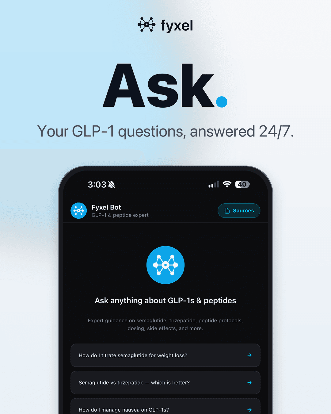 Fyxel ad — the word Ask with the Fyxel assistant chat screen on an iPhone